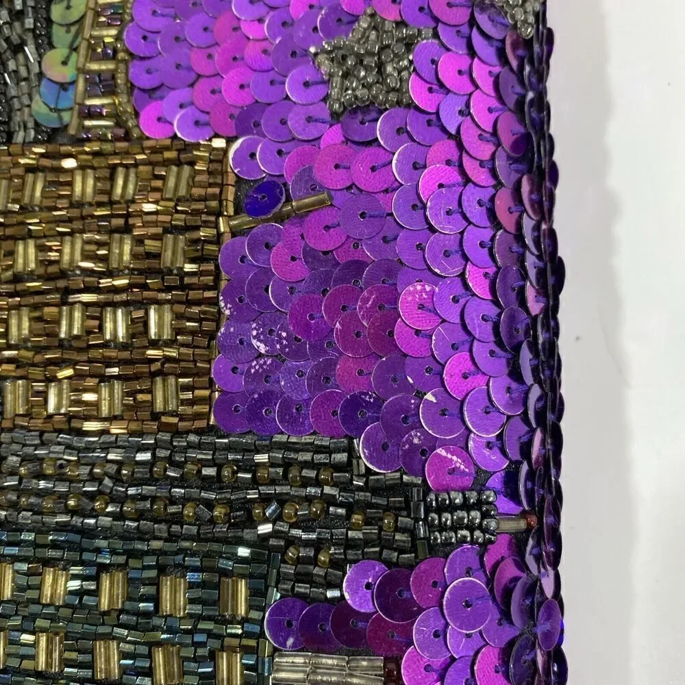 Vtg Formal Clutch Purse Beaded Wearable Art 90s Purple Black City Night Scene